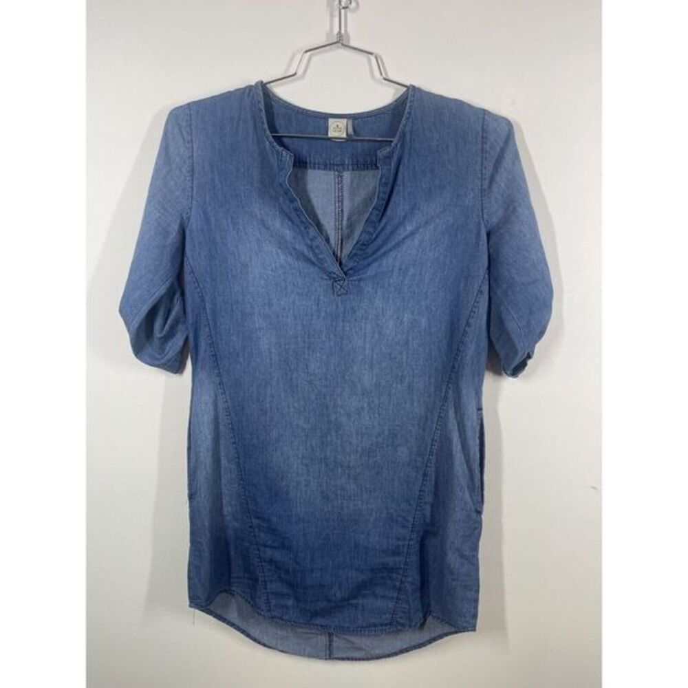 Paper Crane Womens Split Neck‎ Cotton Chambray Mini Dress Med Roll Tab Sleeves